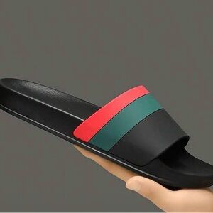 SHEIN Black Slide Sandals with Red and Green Stripes
